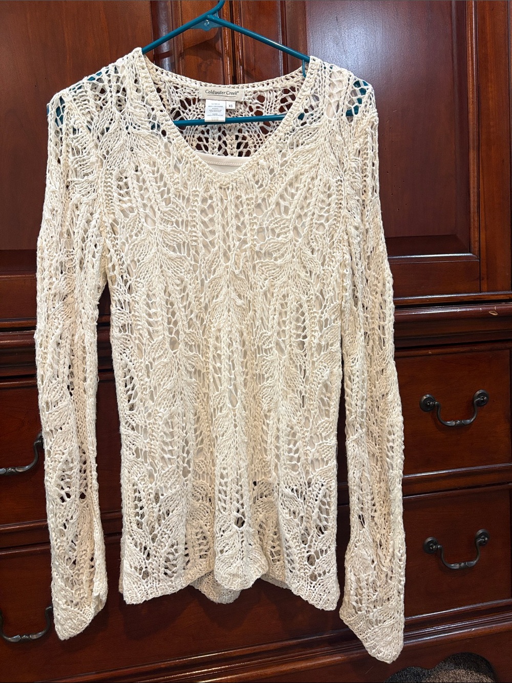 Coldwater Creek Cream Open-Knit Crochet Long Sleeve Top